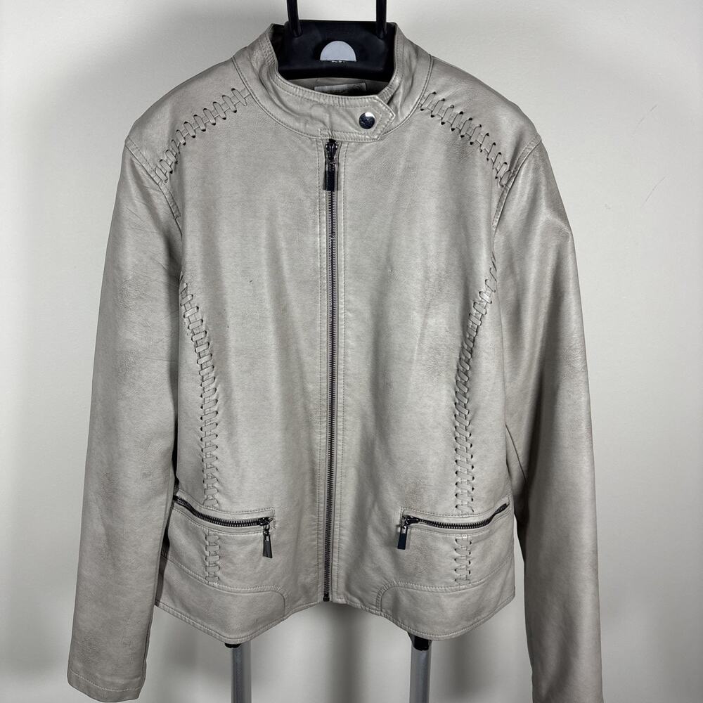 Westport Moto Racing Jacket Taupe Gray Faux Leather Zip Front & Pockets Lined L